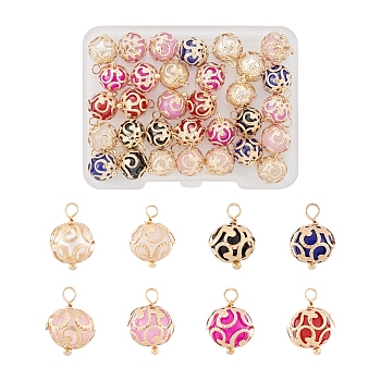 32Pcs 8 Colors ABS Plastic Imitation Pearl Charms, with Light Gold Plated Brass Findings, Round, Mixed Color, 13.5~14x9mm, Hole: 2mm, 4pcs/color
