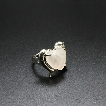 Natural Rose Quartz Heart Adjustable Rings, Platinum Brass Ring, US Size 8(18.1mm)