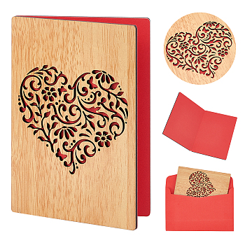 Rectangle with Pattern Wooden Greeting Cards, with Red Paper InsidePage, with Rectangle Blank Paper Envelopes, Heart Pattern, Wooden Greeting Card: 1pc, Envelopes: 1pc