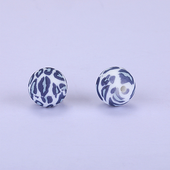Printed Round with Leopard Print Pattern Silicone Focal Beads, Black, 15x15mm, Hole: 2mm