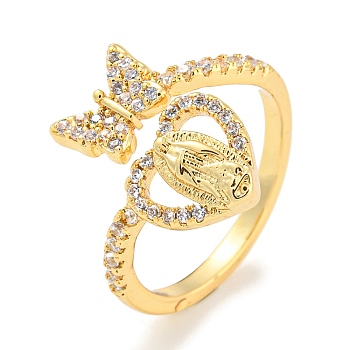Butterfly & Heart Brass Micro Pave Cubic Zirconia Open Cuff Rings, Long-Lasting Plated, Cadmium Free & Lead Free, Real 18K Gold Plated, US Size 6(16.5mm)