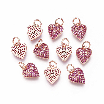 Brass Micro Pave Cubic Zirconia Charms, Heart, Magenta, Rose Gold, 11.5x9x2mm, Hole: 3~3.5mm