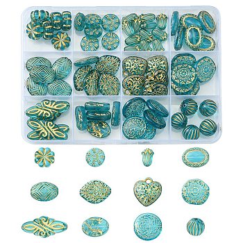 12 Styles Plating Acrylic Beads, Metal Enlaced, Mixed Shapes, Dark Turquoise, 12~30x8~18x4.5~6.5mm, Hole: 1.2~3mm