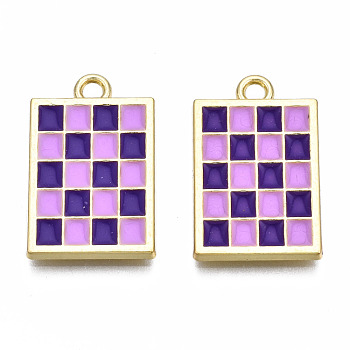 Rack Plating Alloy Checkerboard Pendants, with Enamel, Cadmium Free & Lead Free, Light Gold, Rectangle with Grid Pattern, Indigo, 22x13.5x2mm, Hole: 2mm