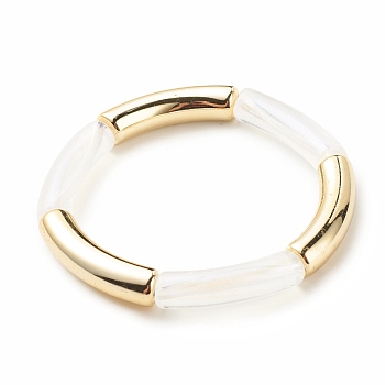 Acrylic Curved Tube Chunky Stretch Bracelet for Women, Gold, Beads: 31x7.5x9.5mm, Inner Diameter: 2 inch(5.1cm)