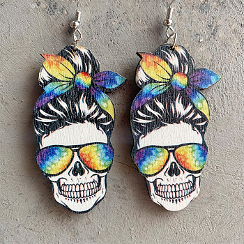 Natural Wood Dangle Earrings, with Iron Earring Hooks, Skull with Spectacles, Platinum, Colorful, 80mm