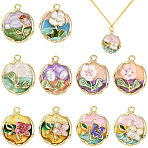 20Pcs 10 Styles Rack Plating Alloy Enamel Pendants, with Resin, Cadmium Free & Nickel Free & Lead Free, Light Gold, Flat Round with Flower Charm, Mixed Color, 23.5x19.5x5~6.5mm, Hole: 1.6~2mm, 2pcs/style(ENAM-SC0007-27)