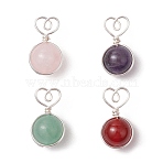 4Pcs 4 Styles Natural Rose Quartz & Green Aventurine & Amethyst & Carnelian Copper Wire Wrapped Heart Ball Pendants, Round Charms, Mixed Dyed and Undyed, Silver, 20.5~21x11.5~12x10~10.5mm, Hole: 1.5mm, 1pc/style(PALLOY-TA00215-02)