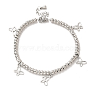 304 Stainless Steel Butterfly Charm Bracelet with 201 Stainless Steel Round Beads for Women, Stainless Steel Color, 8-1/2 inch(21.6cm)(BJEW-B057-25P)