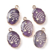 Natural Amethyst Oval Pendants, Golden Plated Brass Oval Charms with Star, 22~22.5x13~13.5x4.5mm, Hole: 1.6~1.8mm(G-C102-07G-03)