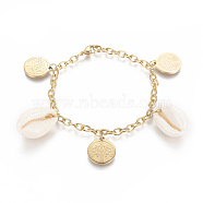 304 Stainless Steel Charm Bracelets, with Natural Cowrie Shell, Flat Round with Tree, Golden, 7-3/4 inch(19.6cm), 4mm(BJEW-F383-01G)