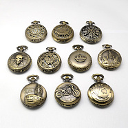 Vintage Flat Round Zinc Alloy Quartz Watch Heads for Pocket Watch Pendant Necklace Making, Mixed Style, Antique Bronze, 59x46x14~17mm, Hole: 15~16x4~5mm(WACH-R005-M01)