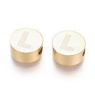 304 Stainless Steel Beads, Flat Round with Letter, Letter.L, 10x4.5mm, Hole: 2mm(STAS-I126-02G-L)