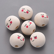 Maple Wood European Beads, Printed, Large Hole Beads, Undyed, Round with Shy Expression, Old Lace, 17~18mm, Hole: 5mm, about 280pcs/500g(WOOD-S055-25)
