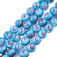 Handmade Lampwork Beads Strands, Round with Flower, Deep Sky Blue, 9.5mm, Hole: 1.5mm, about 50pcs/strand, 18.90 inch(48cm)(LAMP-N021-45C)