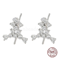 Rhodium Plated Tree 925 Sterling Silver Micro Pave Clear Cubic Zirconia Stud Earring Findings, for Half Drilled Beads, with S925 Stamp, Real Platinum Plated, 10x9mm, Pin: 10x0.7mm and 0.7mm(STER-Q192-07P)