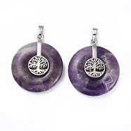 Natural Amethyst Pendants, with Platinum Tone Brass Findings, Donut/Pi Disc with Tree of Life, 35.5x30x8.5~9.5mm, Hole: 4.5x6.5mm(G-F640-E06)