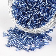 Silver Lined Round Hole Glass Bugle Beads, Cornflower Blue, 3~5x1.8~2mm, Hole: 0.8mm, about 12000pcs/450g(SEED-I001-26)