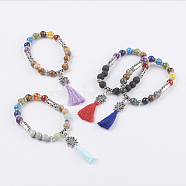 Chakra Jewelry, Natural & Synthetic Gemstone Charm Bracelets, with Cotton Thread Tassels and Tibetan Style Alloy Lotus Links, 2-1/8 inch(53mm)(BJEW-JB03524)
