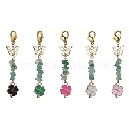 Clover Alloy Enamel Pendant Decorations, Natural Green Aventurine Chip Bead and Butterfly & Lobster Claw Clasps Charm, Mixed Color, 72mm(HJEW-JM01628)