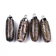 Tibetan Style 9-EyedZi Pendants, Natural Agate Rice Pendants, with Platinum Brass Findings and Iron Loop, Dyed, Barrel, Yellow Green, 44.5~46x14~15mm, Hole: 2mm(G-T131-92B)