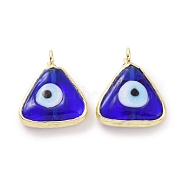 Handmade Evil Eye Lampwork Charms, with Real 18K Gold Plated Tone Brass Findings, Triangle Charm, Blue, 12x13x4mm, Hole: 2mm(ZIRC-F136-07G-02)