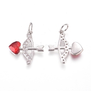 Brass Pendants, with Micro Pave Cubic Zirconia and Jump Rings, Cupid/Cherub Arrow, for Valentine's day, Clear & Red, Platinum, 16.5x15.8x3mm, Hole: 3.2mm(ZIRC-L070-67P)