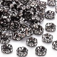 Brass Rhinestone Spacer Beads, Grade A, Waves Edge, Rondelle, Gunmetal, Clear, Size: about 6mm in diameter, 3mm thick, hole: 1.5mm(RB-A006-6MM-B)