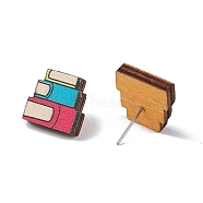Natural Wood Stud Earrings, 316 Stainless Steel Jewelry for Women, Book Pattern, 15x15mm, Pin: 0.6mm(EJEW-C013-01G)