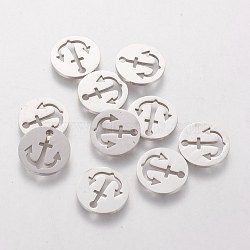 201 Stainless Steel Charms, Flat Round with Anchor, Stainless Steel Color, 12x1mm, Hole: 1.5mm(STAS-Q201-T091)