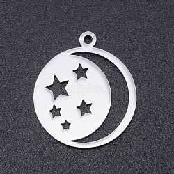 201 Stainless Steel Laser Cut Pendants, Star with Moon, Stainless Steel Color, 20.5x18x1mm, Hole: 1.4mm(STAS-S105-T968-1)