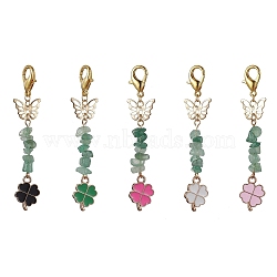 Clover Alloy Enamel Pendant Decorations, Natural Green Aventurine Chip Bead and Butterfly & Lobster Claw Clasps Charm, Mixed Color, 72mm(HJEW-JM01628)