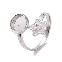 304 Stainless Steel Open Cuff Ring Findings, Pad Ring Setting, Flat Round and Star, Stainless Steel Color, US Size 6 3/4(17.1mm), Tray: 8mm and 9.5x8.5mm(STAS-E124-03P)