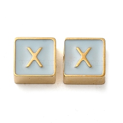 304 Stainless Steel Enamel Beads, Real 14K Gold Plated, Square with Letter, Letter X, 8x8x4mm, Hole: 2mm(STAS-L022-293G-X)