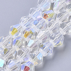 Electroplate Glass Beads Strands, AB Color Half Plated, Faceted, Bicone, Clear AB, 6x6mm, Hole: 1mm, about 45~47pcs/Strand, 10.83 inch(27.5 cm) (EGLA-Q118-6mm-C17)