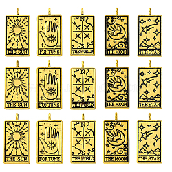 15Pcs 5 Styles Tibetan Style Alloy Pendants, Rectangle with Tarot Pattern, Antique Golden, 26x13x2mm, Hole: 2mm, 3pcs/style(TIBEP-YW0001-76AG)