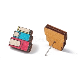 Natural Wood Stud Earrings, 316 Stainless Steel Jewelry for Women, Book Pattern, 15x15mm, Pin: 0.6mm(EJEW-C013-01G)