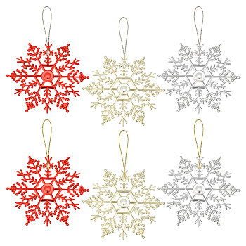3 Bags 3 Colors Glitter Snowflake Plastic Pendant Decorations, with Threads, for Christmas Tree Decorations, Mixed Color, 165x0.8mm, 12pcs/bag, 1 bag/color