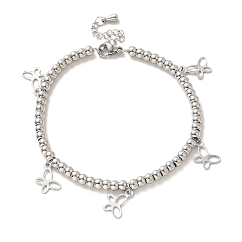 304 Stainless Steel Butterfly Charm Bracelet with 201 Stainless Steel Round Beads for Women, Stainless Steel Color, 8-1/2 inch(21.6cm)