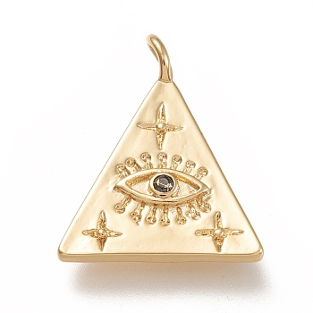 Brass Pendants, with Cubic Zirconia, Triangle with Eye, Real 18K Gold Plated, 23.5x19x3mm, Hole: 3mm