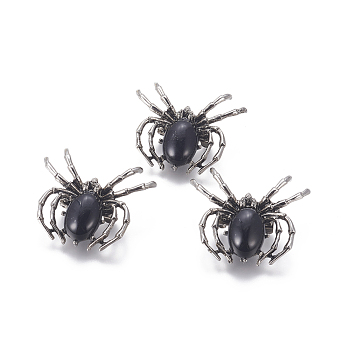 Natural Black Agate Brooch, with Brass Findings and Glass, Spider, Antique Silver, 34~35x41~42x7mm, Hole: 3x5mm