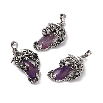 Natural Amethyst Pendants, Faceted Teardrop Charms with Rack Plating Antique Silver Tone Brass Dragon, Cadmium Free & Lead Free, 39x23x8.5mm, Hole: 8x5mm
