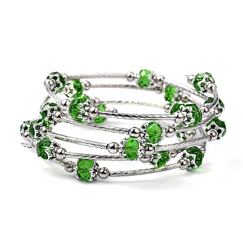 Fashion Wrap Bracelets, with Rondelle Glass Beads, Tibetan Style Bead Caps, Brass Tube Beads and Steel Memory Wire, Light Green, Inner Diameter: 55mm
