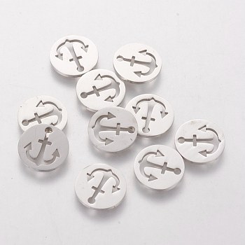 201 Stainless Steel Charms, Flat Round with Anchor, Stainless Steel Color, 12x1mm, Hole: 1.5mm