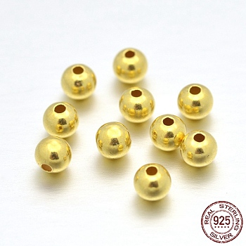 925 Sterling Silver Round Beads, Real 24K Gold Plated, 5mm, Hole: 1.5~1.6mm, about 100pcs/20g.