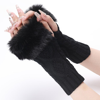 Polyacrylonitrile Fiber Yarn Knitting Fingerless Gloves, Fluffy Winter Warm Gloves with Thumb Hole, Black, 200~260x125mm