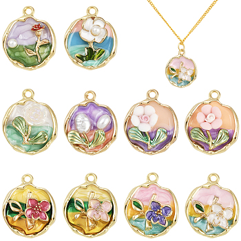 20Pcs 10 Styles Rack Plating Alloy Enamel Pendants, with Resin, Cadmium Free & Nickel Free & Lead Free, Light Gold, Flat Round with Flower Charm, Mixed Color, 23.5x19.5x5~6.5mm, Hole: 1.6~2mm, 2pcs/style