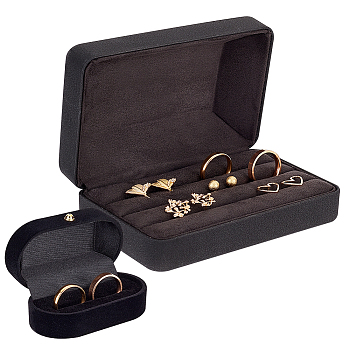2Pcs 2 Styles Rectangle & Oval PU Leather Finger Ring Display Boxes, Jewelry Organizer Case with Velvet Inside for Rings Storage, Black, 7.4~12.6x3.9~8x3.4~4.65cm, 1pc/style