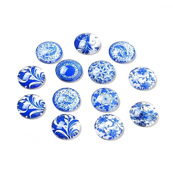 Blue and White Floral Printed Glass Cabochons, Half Round/Dome, Steel Blue, 18x5mm