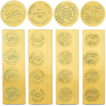 40 Sheets 4 Styles Self Adhesive Gold Foil Embossed Stickers, Medal Decoration Sticker, Word, 50mm, about 10 sheets/style